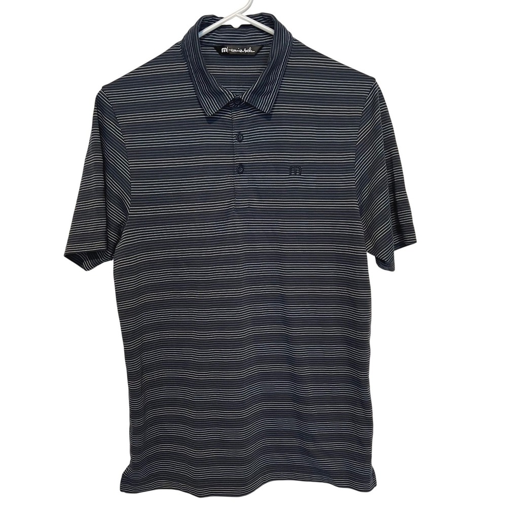 Travis Mathew Men's S Polo Shirt Navy Blue White Striped Pima Cotton Blend Golf